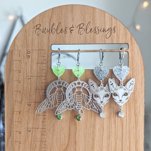 Luna Moth Earrings with Glittery Hearts & Green Crystals