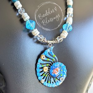 Beachy Shell Necklace with Lampwork Nautilus Pendant