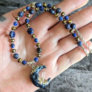 Sparkly Crescent Moon Necklace with Lapis Lazuli & Pyrite