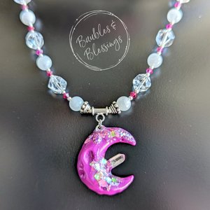 Sparkly Crescent Moon Necklace with Quartz & Rainbow Moonstone
