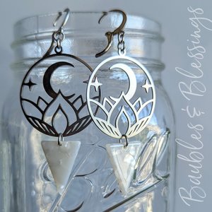 Lotus Moon Earrings with Pearly Acetate Drop