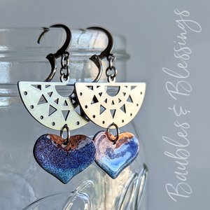 Festive Earrings with Handmade Enamel Hearts