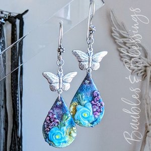 Butterfly Earrings with Lampwork Enameled Blue Flowers