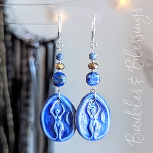 Dark Blue Goddess Earrings with Faceted Lapis & Pyrite