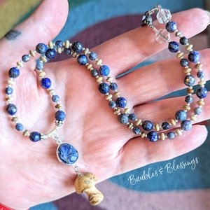Mushroom Necklace with Picture Jasper, Lapis & Sapphire