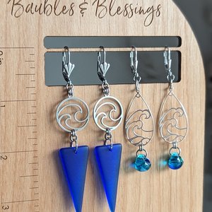 Sterling Silver Blue Wave Earrings with Lampwork Glass