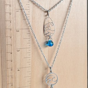 Stainless Steel Blue Wave Pendant with Beach Glass