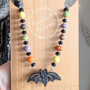 Bat Necklace with Faceted Onyx & Cheery Gaea Beads
