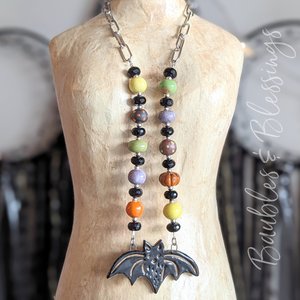Bat Necklace with Faceted Onyx & Cheery Gaea Beads