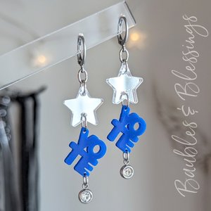 Vote Blue Earrings with Mirrored Acrylic Stars & Rhinestones
