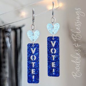 Vote Blue Earrings with Hearts & Glittery Bar Charms