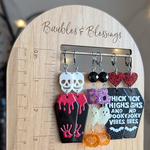 "Thick Things & Spooky Vibes" Earrings with Glitter Coffins