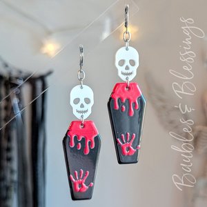 Acrylic Coffin & Skull Earrings with Bloody Handprint