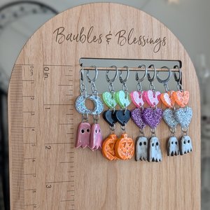 Tiny Ceramic Ghost Earrings with Glittery Hearts