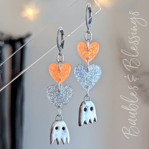 Tiny Ceramic Ghost Earrings with Glittery Hearts