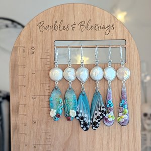 Pearl Earrings with Lampwork Enameled Butterfly Wings