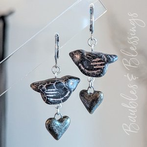 Black Bird Raven Crow Earrings with Sparkly Ceramic Hearts