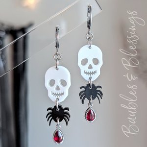 Spooky Halloween Earrings with Skulls, Spiders & Red Crystals