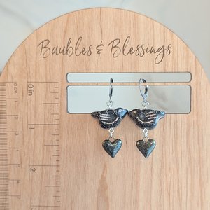 Black Bird Raven Crow Earrings with Sparkly Ceramic Hearts