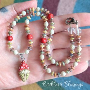 Cozy Cottagecore Gnome & Mushroom Necklace with Gaea Beads