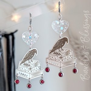 Stainless Steel & Glittery Acrylic Well-read Raven Earrings 