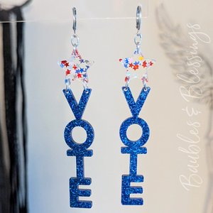 XL Vote Blue Glitter Earrings with Patriotic Stars