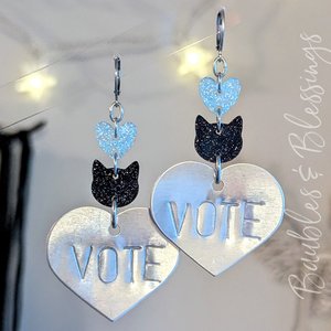 Hand-stamped Cat Lady VOTE Earrings with Glittery Kitties & Hearts