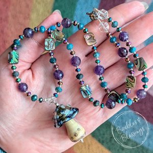 Galaxy Mushroom Necklace with Amethyst & Pāua Shell