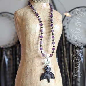 Witchy Raven Necklace with Lepidolite, Amethyst & Auralite-23