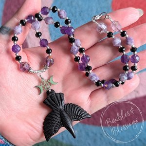 Witchy Raven Necklace with Lepidolite, Amethyst & Auralite-23