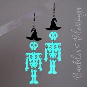 Lightweight Glow in the Dark Skeleton Earrings with Witch Hats