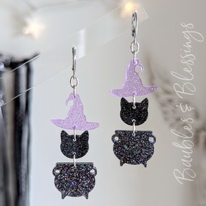 Super Sparkly Witchy Kitty Earrings with Cauldrons