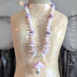 Pink Mushroom Necklace with Rose Quartz, Kunzite & Charoite