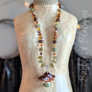 Earthy Mushroom Necklace with Amber, Green Opal & Czech Glass