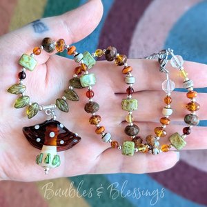 Earthy Mushroom Necklace with Amber, Green Opal & Czech Glass