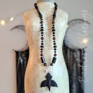 Witchy Moon Phase & Raven Necklace with Apple Jasper & Onyx