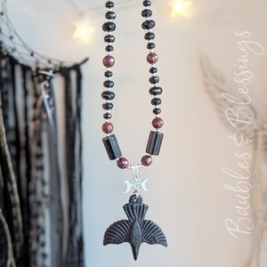 Witchy Moon Phase & Raven Necklace with Apple Jasper & Onyx