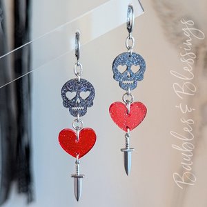 Glittery Skull Earrings with Sparkly Hearts & Dangly Daggers