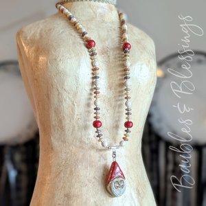 Cozy Cottagecore Gnome & Mushroom Necklace with Gaea Beads