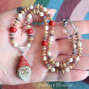 Cozy Cottagecore Gnome & Mushroom Necklace with Gaea Beads
