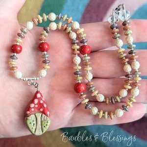 Cozy Cottagecore Gnome & Mushroom Necklace with Gaea Beads