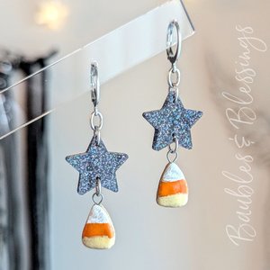 Ceramic Candy Corn Earrings with Holographic Black Stars
