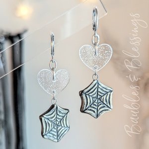 Ceramic Spiderweb Earrings with Glittery Acrylic Hearts