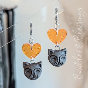 Ceramic Black Cat Earrings with Glittery Orange Hearts