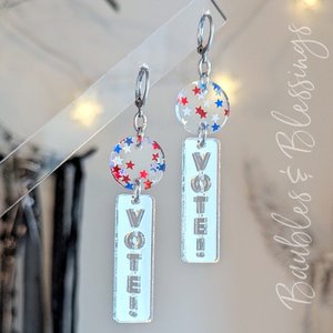 Vote Earrings with Patriotic Star Confetti & Bar Charms