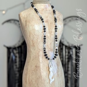 Moon Goddess Necklace with Faceted Onyx & Rainbow Moonstone