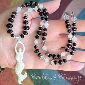 Moon Goddess Necklace with Faceted Onyx & Rainbow Moonstone