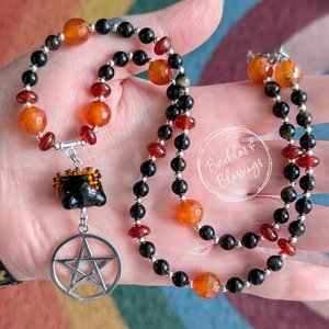 Fiery Autumn Witch Necklace with Lampwork Cauldron & Pentagram