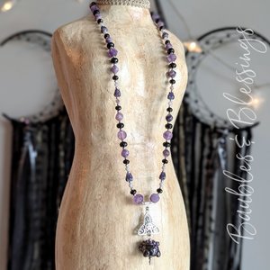 Purple Witchy Necklace with Lampwork Cauldron & Triquetra