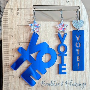 XL Vote Blue Earrings with Holographic Glitter Hearts